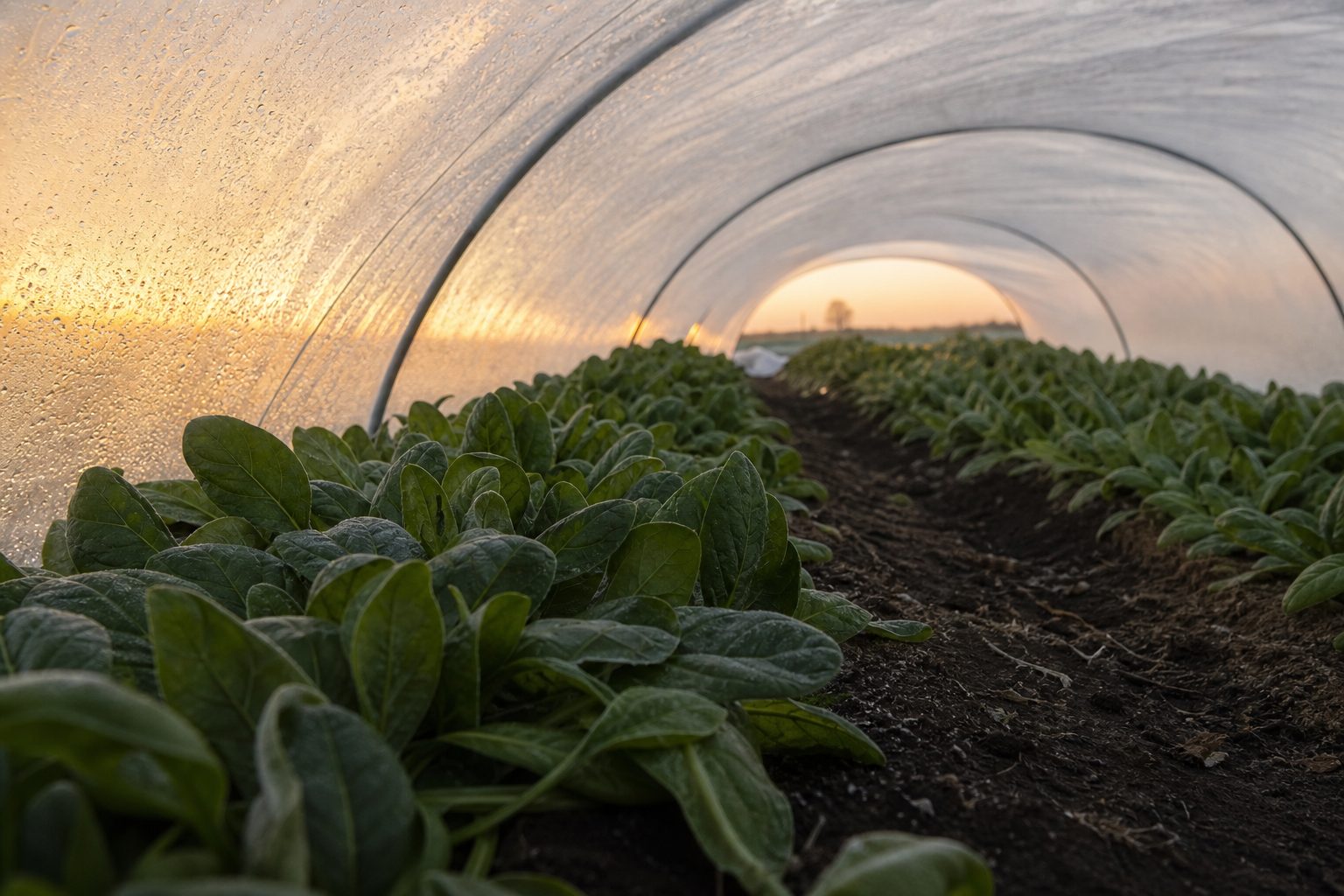 Winter spinach growing in a low caterpillar tunnel with frost on the plastic and pale sun low over the field