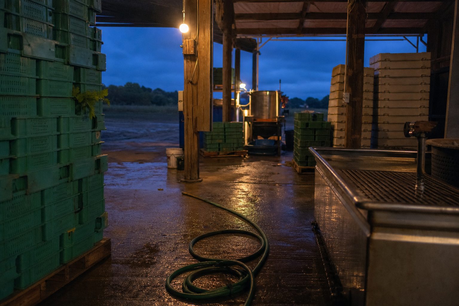 Predawn wash pack station with hose, stacked harvest bins and warm work lamps against a blue morning sky