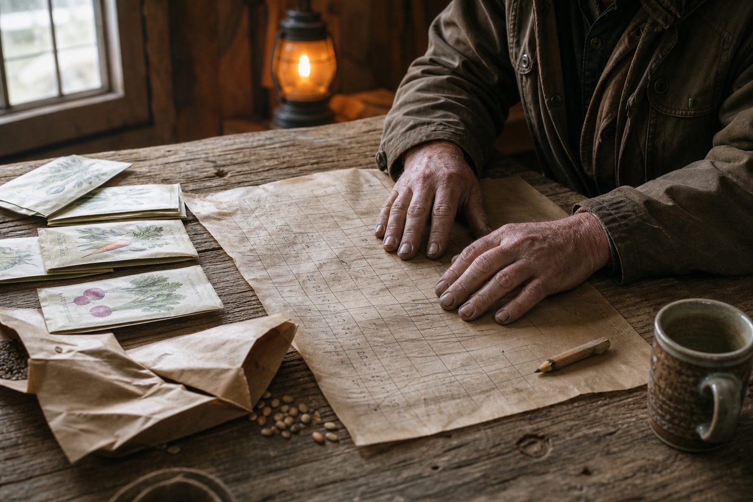 Grower's hands over a penciled planting grid on kraft paper, seed packets and a pencil on a weathered barn table