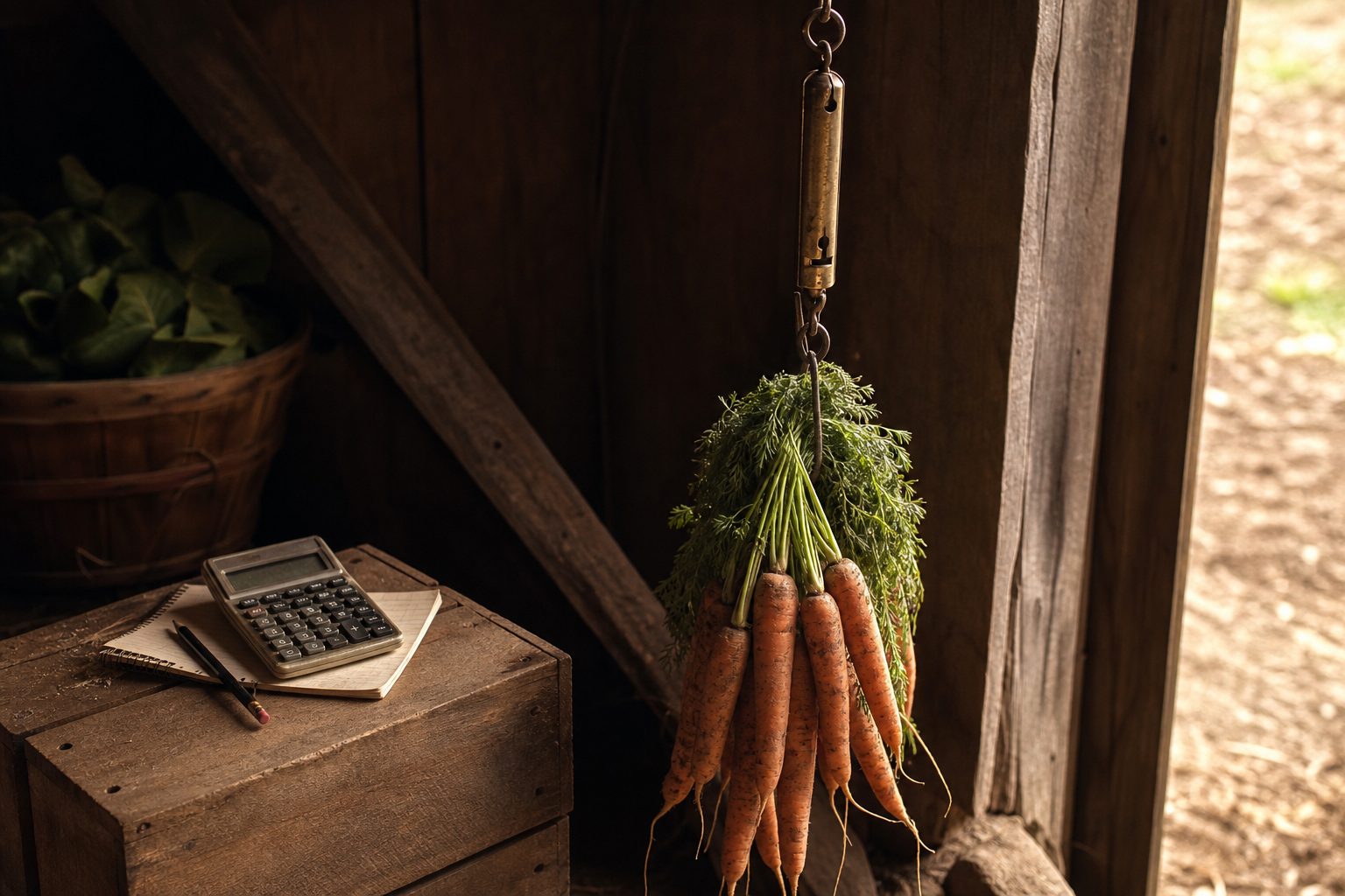Bunch of carrots on a hanging scale beside a calculator and pencil on a wooden produce crate in warm light