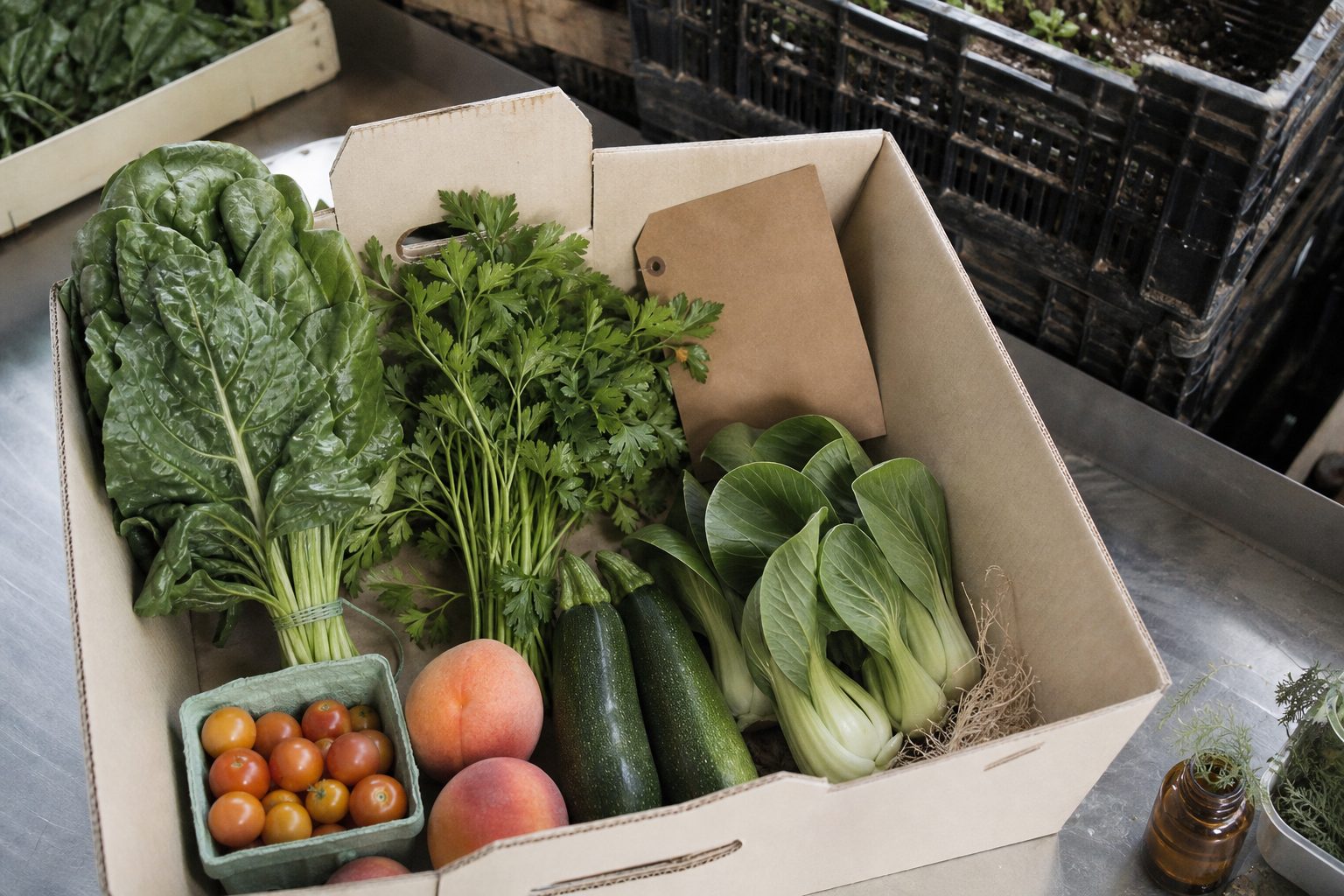Half packed CSA box on a stainless table with a bunch of herbs sitting where a head of lettuce should have gone
