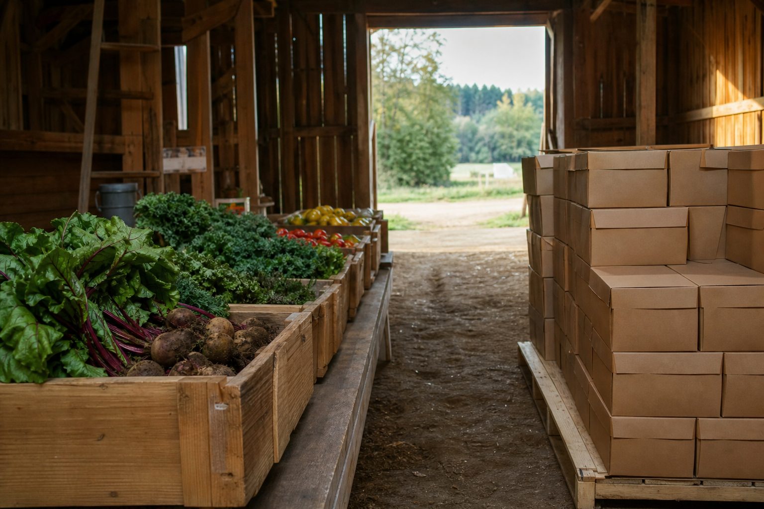 Barn pickup room with open produce bins on a long table and a stack of waxed share boxes waiting on a pallet