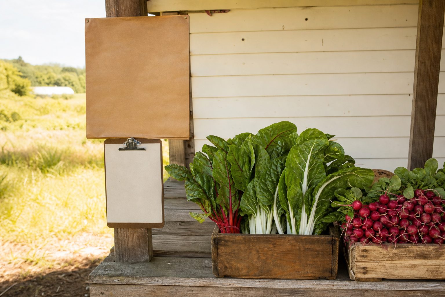 Farm pickup stand with a blank kraft signboard, a clipboard, and crates of washed greens in bright midday light