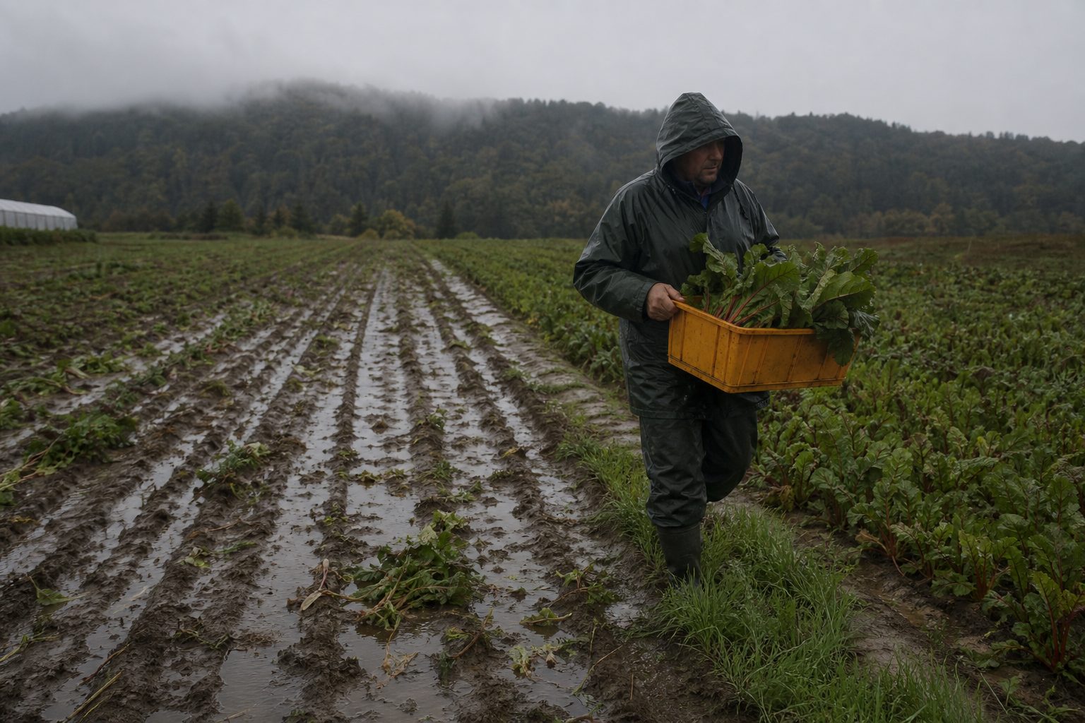 Rain soaked vegetable field with standing water in wheel ruts and a grower in a raincoat carrying a tote of chard