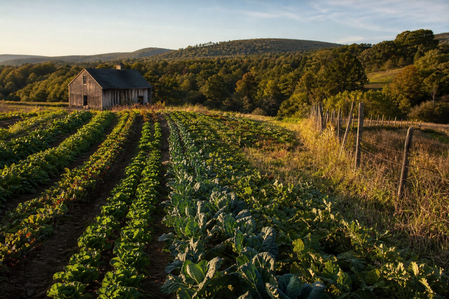 New England hillside vegetable farm in late afternoon light with an old timber barn and rows running to the hills