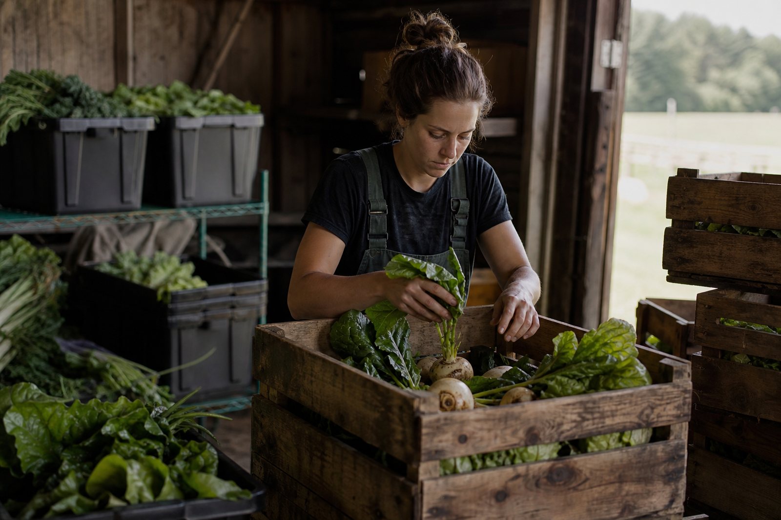 Farm worker packing wooden crates of fresh vegetables in a barn packing shed on a CSA farm in morning light