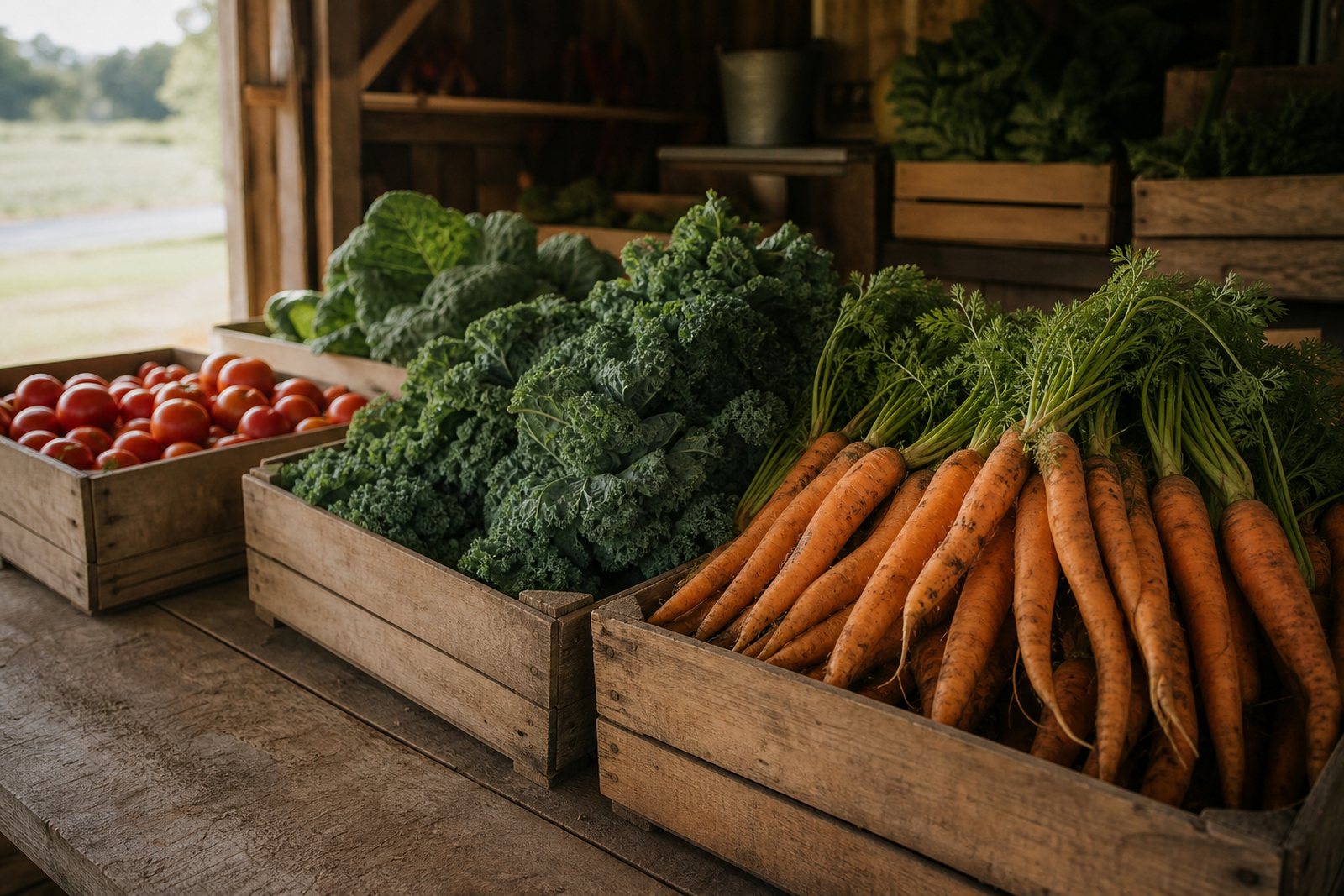 Wooden crates filled with carrots, kale and tomatoes on a table in a farm packing shed